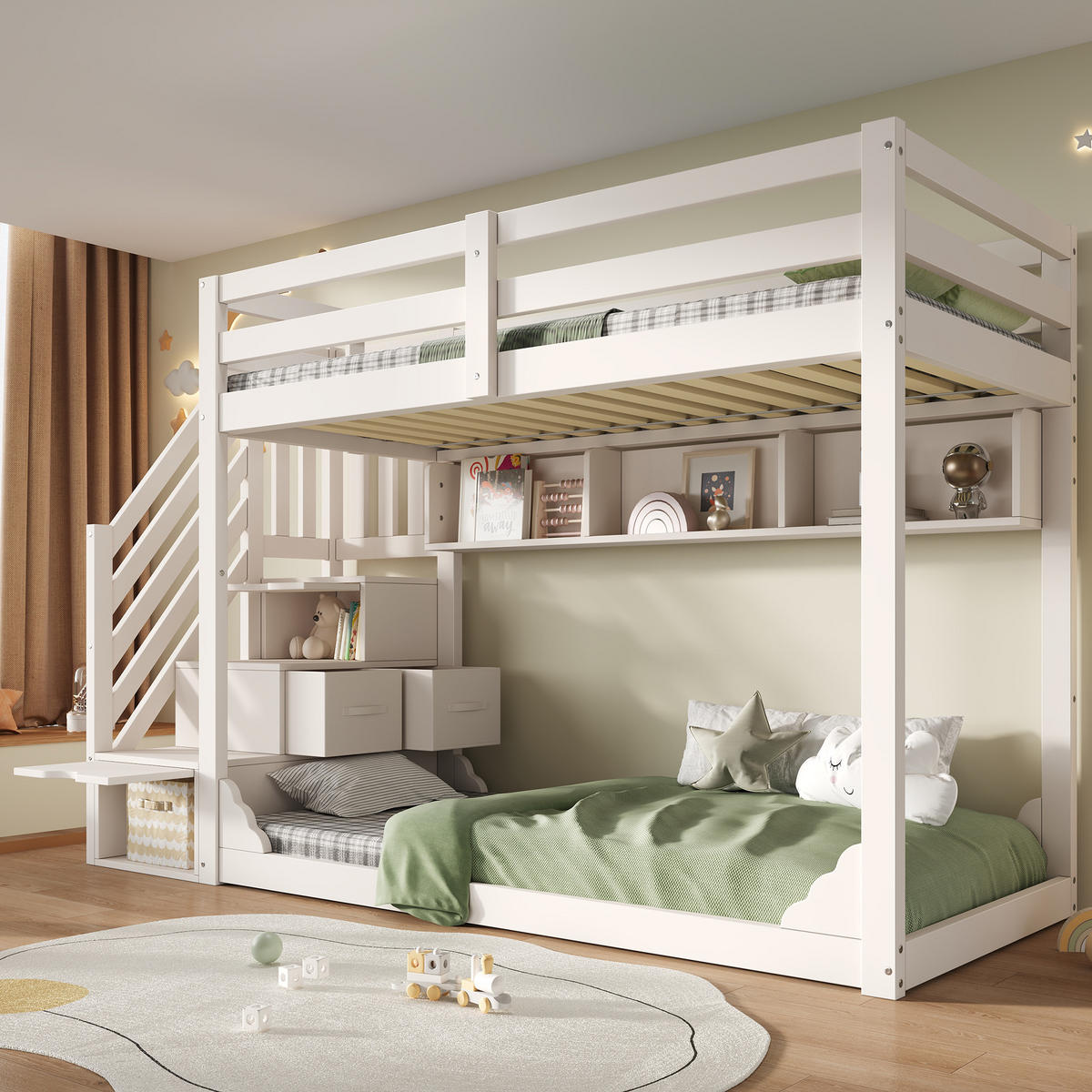 ETAGENBETT 90/200 cm & 90/200 cm in Weiß mit Treppenschrank, Regalen und 2 Schubladen - Weiß, Holz/Holzwerkstoff (90/200cm) - WISHDOR