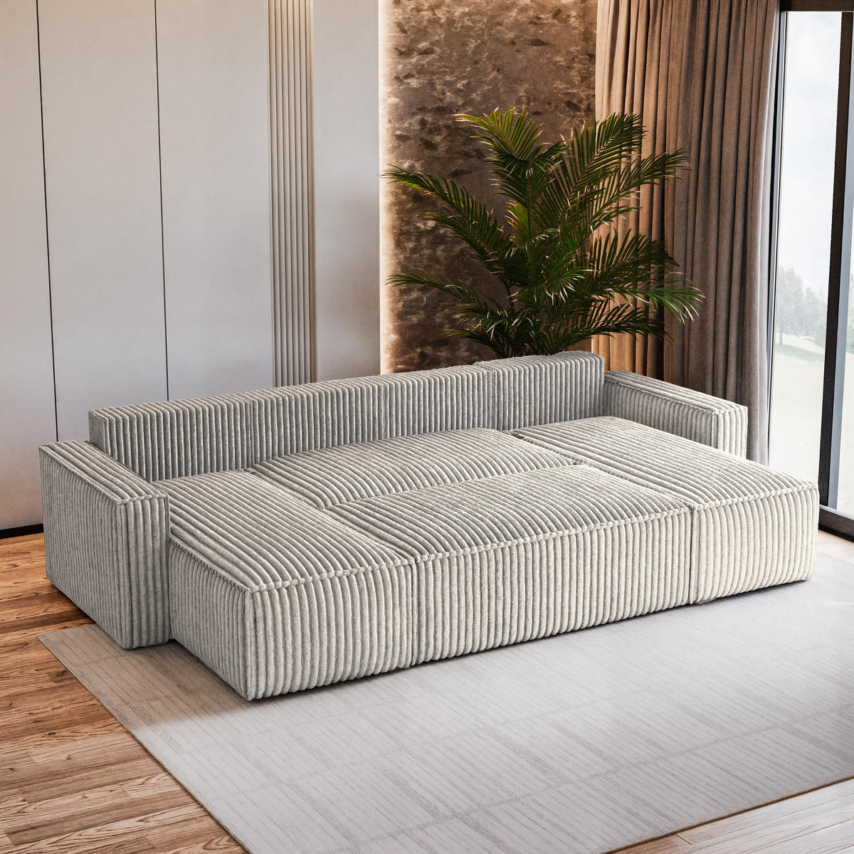 WOHNLANDSCHAFT PESANO T Hellgrau Kordstoff mit Schlaffunktion - Champagner, Holz (306/85/140cm) - MASSENO