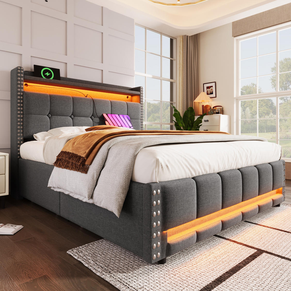 POLSTERBETT mit Stauraum und LED 160x200 cm Leinen Grau - Grau, Metall (160/200cm) - Meubliv
