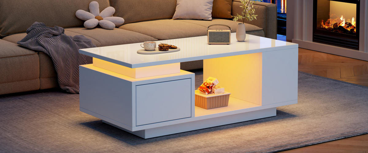 COUCHTISCH 100/50/36 cm weiß aus Spanplatte mit Schublade und LED - Weiß, Holzwerkstoff (100/50/36cm) - OKMYHOME
