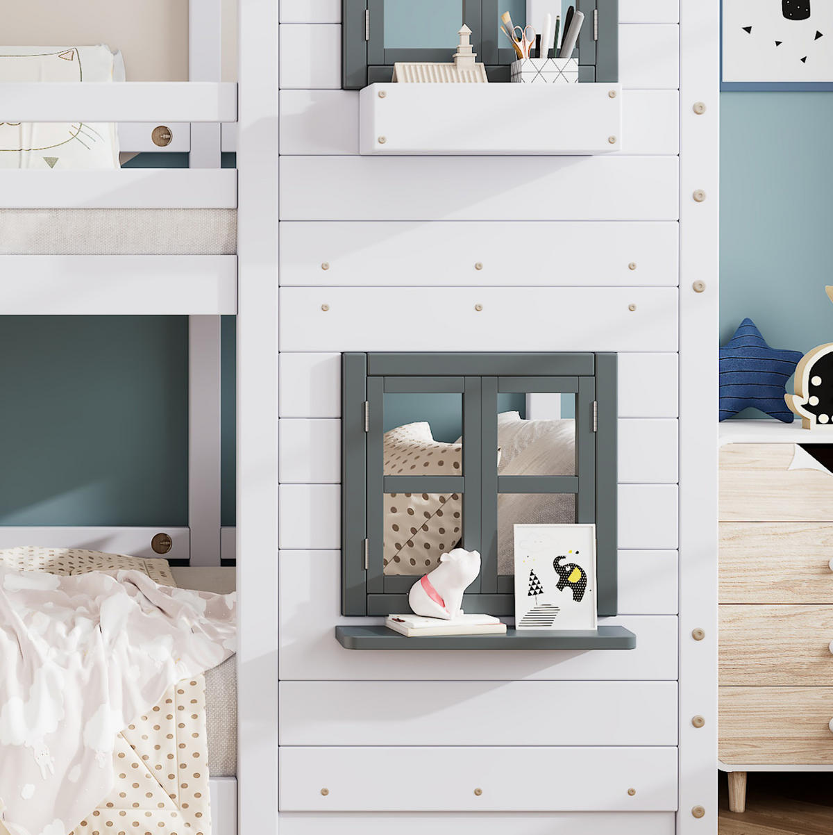 ETAGENBETT aus Kiefer und MDF 90x200 cm Weiß/Grau mit Fenster, Handlauf, Fallschutz und Hausdesign - Weiß, Holzwerkstoff (90/200cm) - Modfu