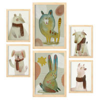 POSTER Set Mit 6 Hasen & Welpen 1 In Tiere Zusammenfassungen A3 & A4 Rahmen Aus Hellem Holz - Beige, Papier (29/3cm) - Nacnic