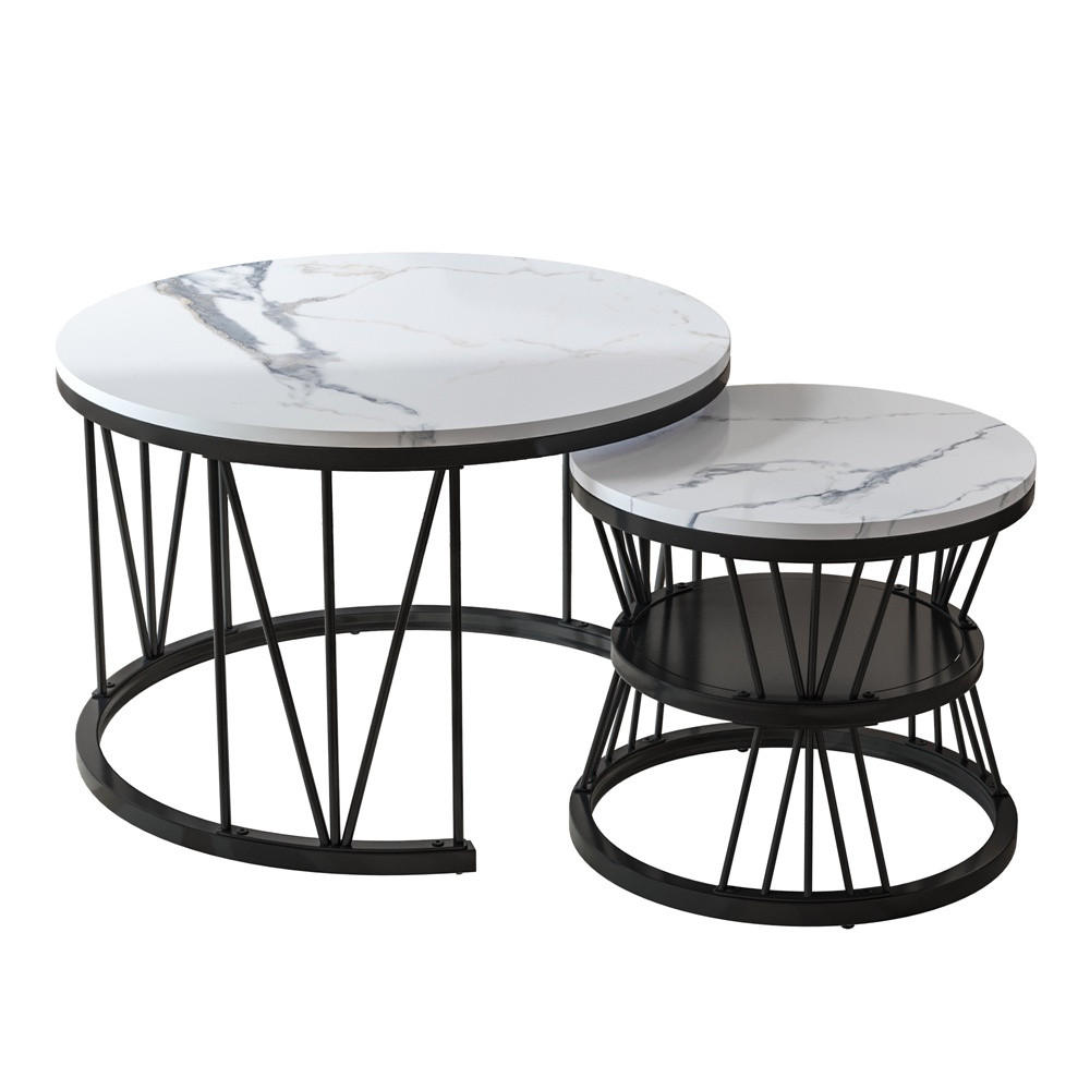 COUCHTISCH 2er-Set - Runder Couchtisch in Marmoroptik mit V-Metallgestell - Weiß und Schwarz - Schwarz, Holzwerkstoff (70/70/45cm) - DELFA