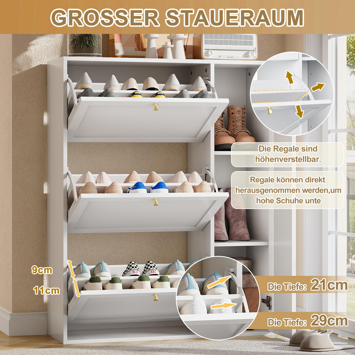 SCHUHSCHRANK 25/90/114 cm aus MDF und Spanplatte mit 3 Klappen, 1 Tür und verstellbaren Trennwänden, Weiß - Weiß, Holzwerkstoff (90/114/25cm) - Redom