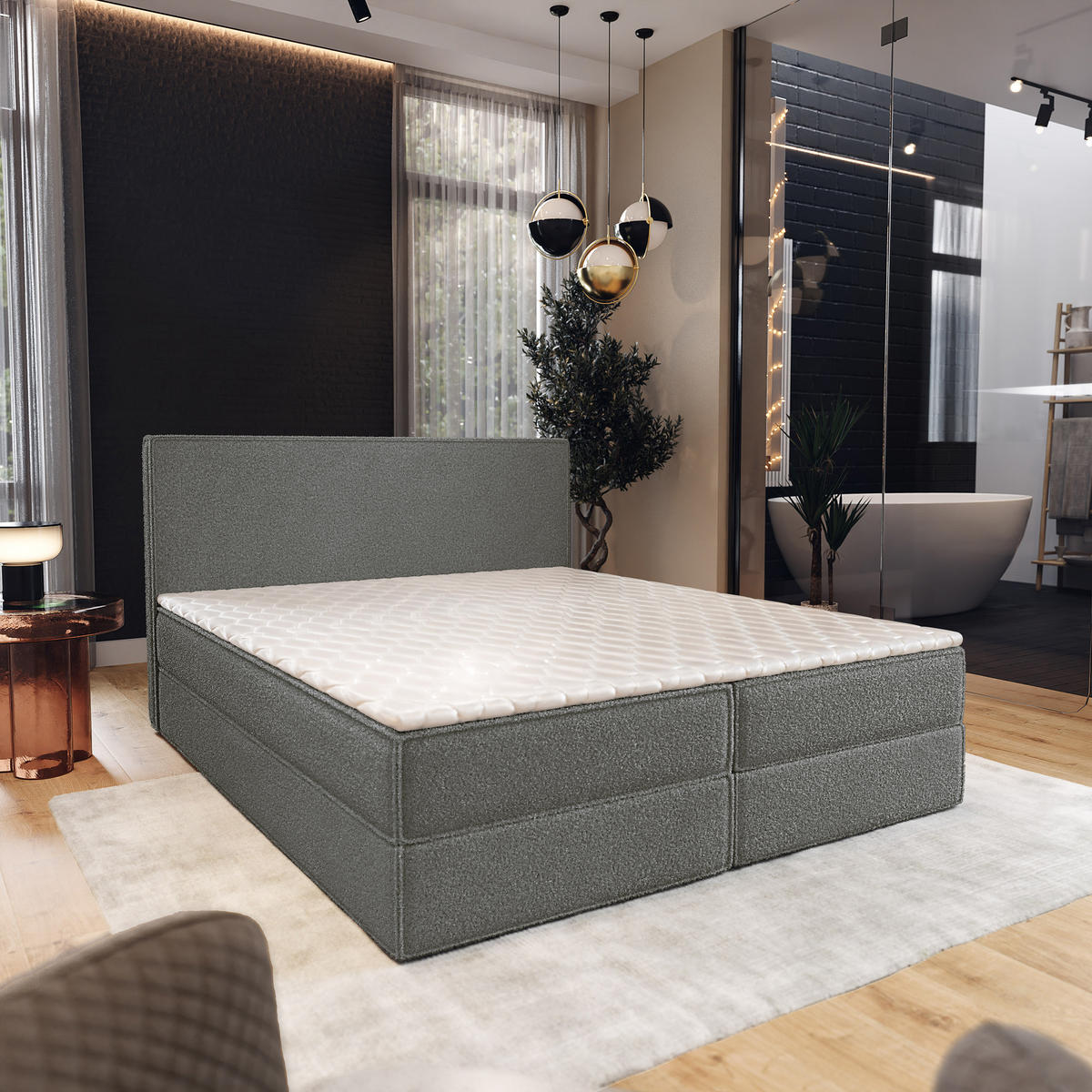 BOXBETT PELLIO 140x200 cm mit Matratze und Topper - Grau - Grau, Holz (140/200cm) - MASSENO
