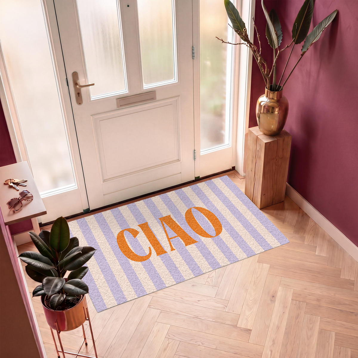 FUSSMATTE Ciao - Zitat - Pastell - Streifen Schmutzfangmatte 150x90 cm - Flieder, Kunststoff (150/90cm) - MuchoWow