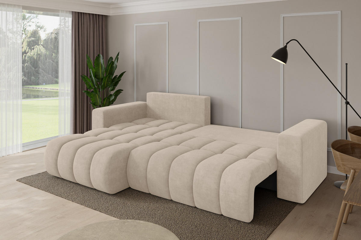 ROHOVÁ SEDAČKA s funkcí spaní, otoman vlevo MILA-L-v1 277x195x86 béžová velur - černá/Sahara, kompozitní dřevo/textil (277/194cm) - ALTDECOR