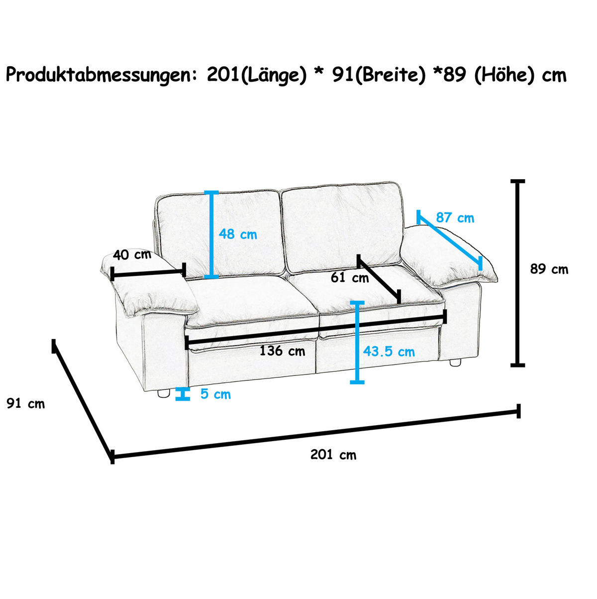 2-SITZER Sofa mit Stauraum Stoffbezug und Holzrahmen 201/91/89 cm Schwarz - Schwarz, Textil (91/89/201cm) - Redom
