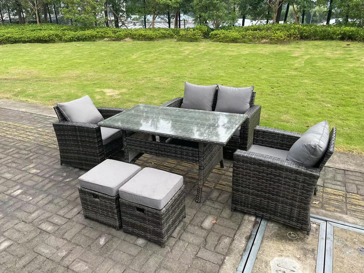 GARTENMÖBELGARNITUR Polyrattan Dunkelgrau 6-Sitzer - Dunkelgrau/Grau, Glas/Kunststoff - Fimous