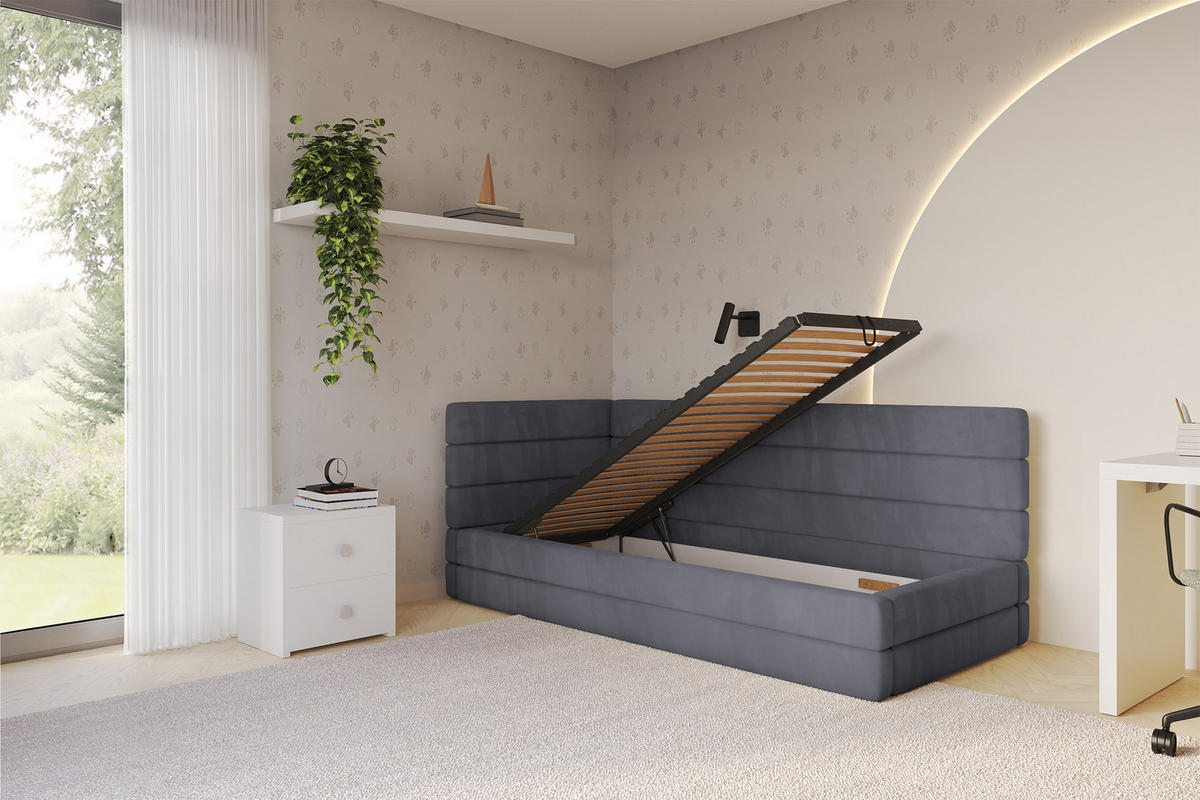 EINZELLBETT Jugendbett mit Bettkasten, Rechts - BEMY 90x200 Dunkelgrau - Titanfarben, Holzwerkstoff/Textil (90/200cm) - ALTDECOR