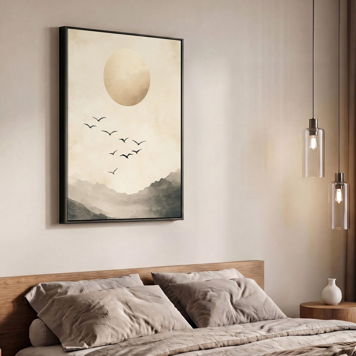 LEINWAND Bilder mit Rahmen - Landschaft - Japandi - Vogel - 70x100 - Beige, Textil (70/100cm) - MuchoWow