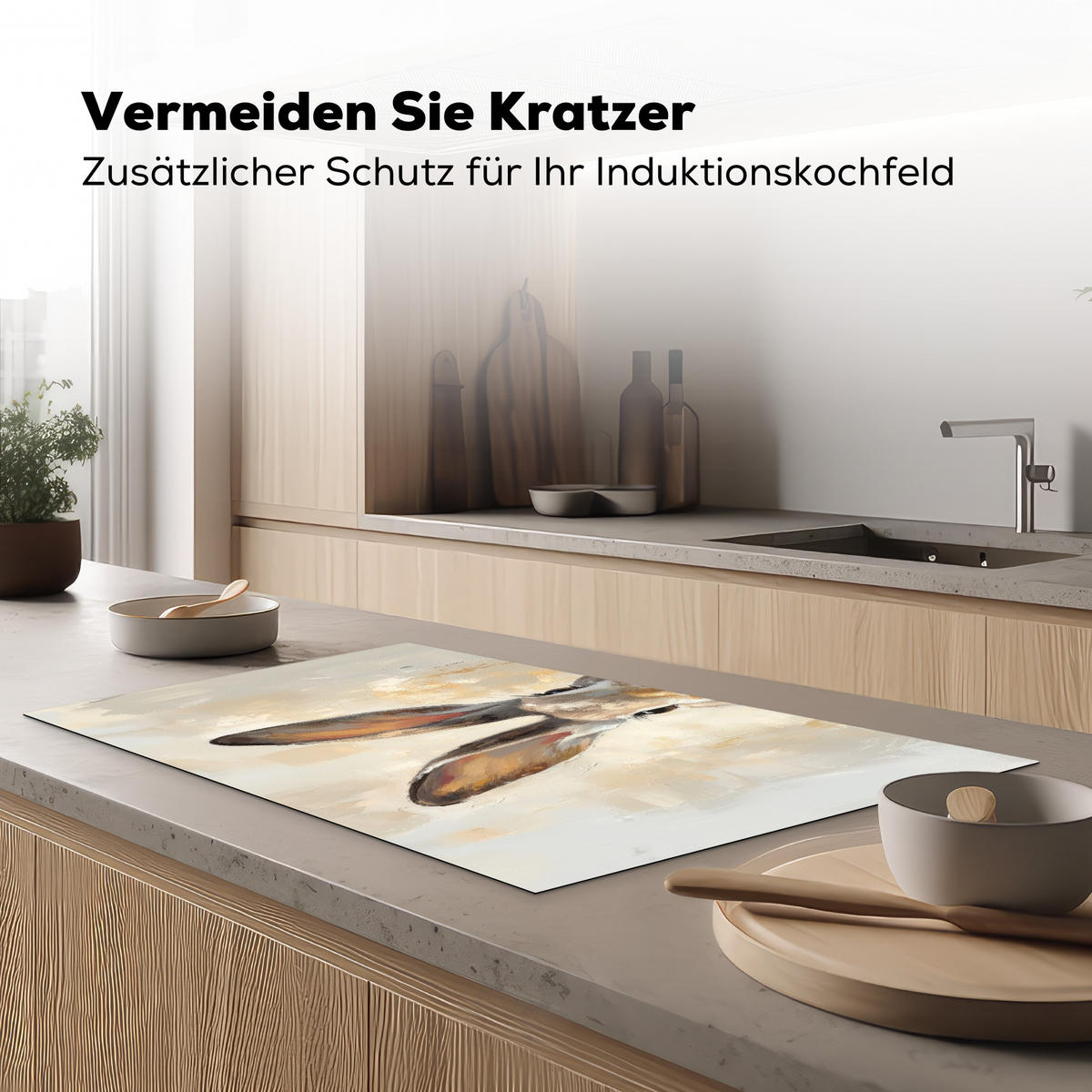 HERDABDECKPLATTE Hase - Ohren - Braun Ceranfeldabdeckung 90x52 cm - Beige, Kunststoff (90/52/0.2cm) - MuchoWow