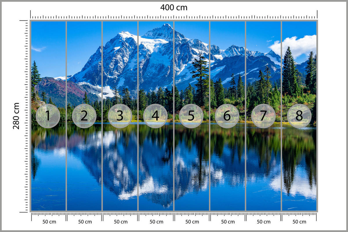 FOTOTAPETE See Berge Wald Landschaft 3D 400x280 - Blau/Beige, Papier (400/280cm) - Muralo