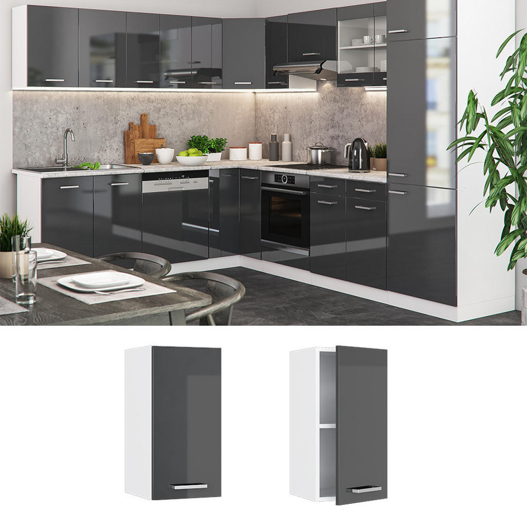 Thumbnail - Vicco Hängeschrank, Schwarz Hochglanz, Weiß, Holzwerkstoff, 2 Fächer, Rechteckig, 30x60x31 cm, Küchen, Küchenmöbel, Küch...