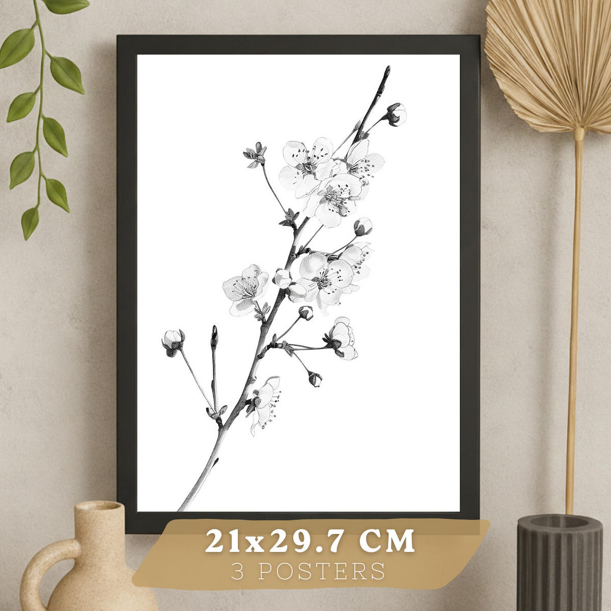 PLAKAT Sada 3 obrázků květin. Dekorativní nástěnné tisky Květiny tužkou. botanický plakát na zeď. Noridco květinové malby.Černý rám velikosti A4 - černá, papír (29.7/42/3cm)