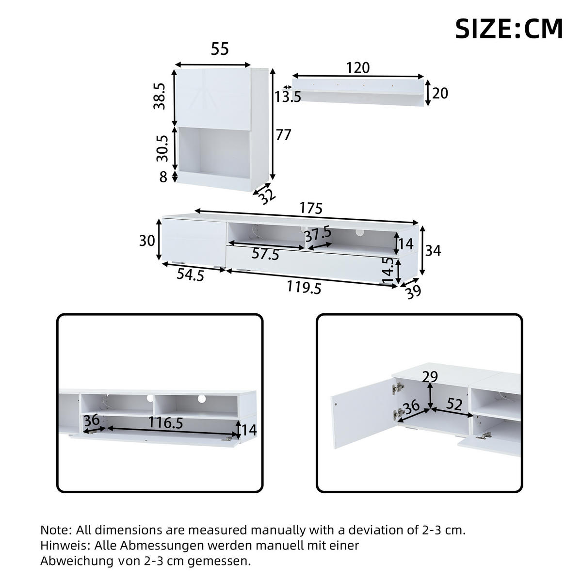 TV-WOHNWAND-SET 175/39/34 cm Weiß mit LED-Beleuchtung und Hochglanz - Weiß, Holzwerkstoff (175/34/39cm) - OKWISH