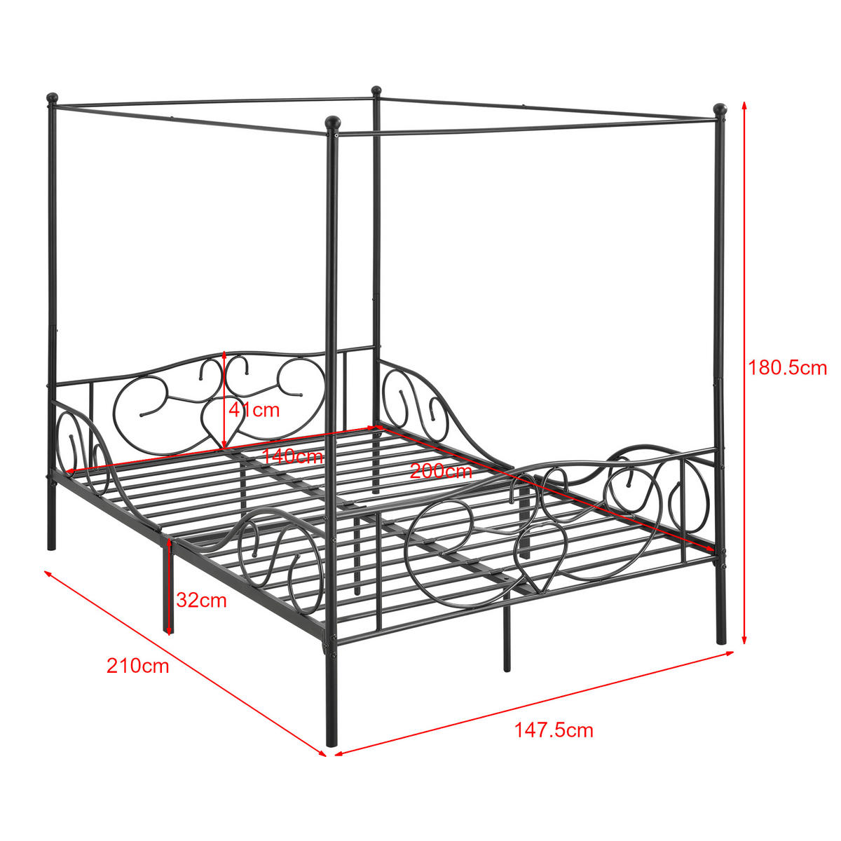 HIMMELBETT Finström - Schwarz, Metall (140/200cm) - [en.casa]