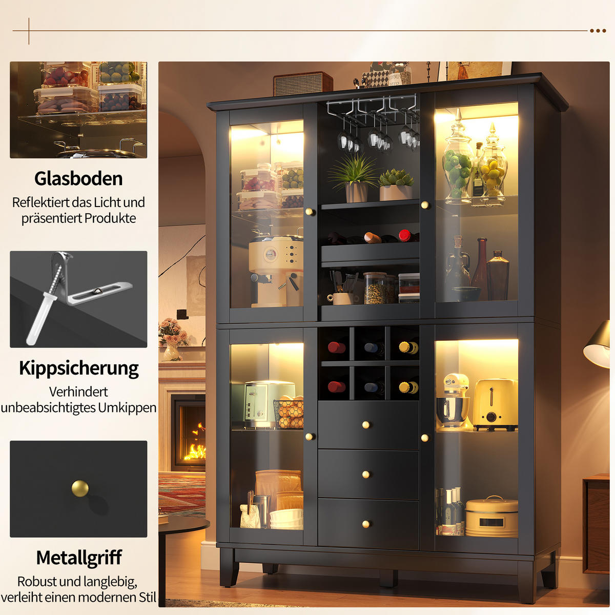 WEINSCHRANK LED App 180.5x120x40Cm Glas Flaschenhalter - Schwarz, Holzwerkstoff (120/180.5/40cm) - FLIEKS
