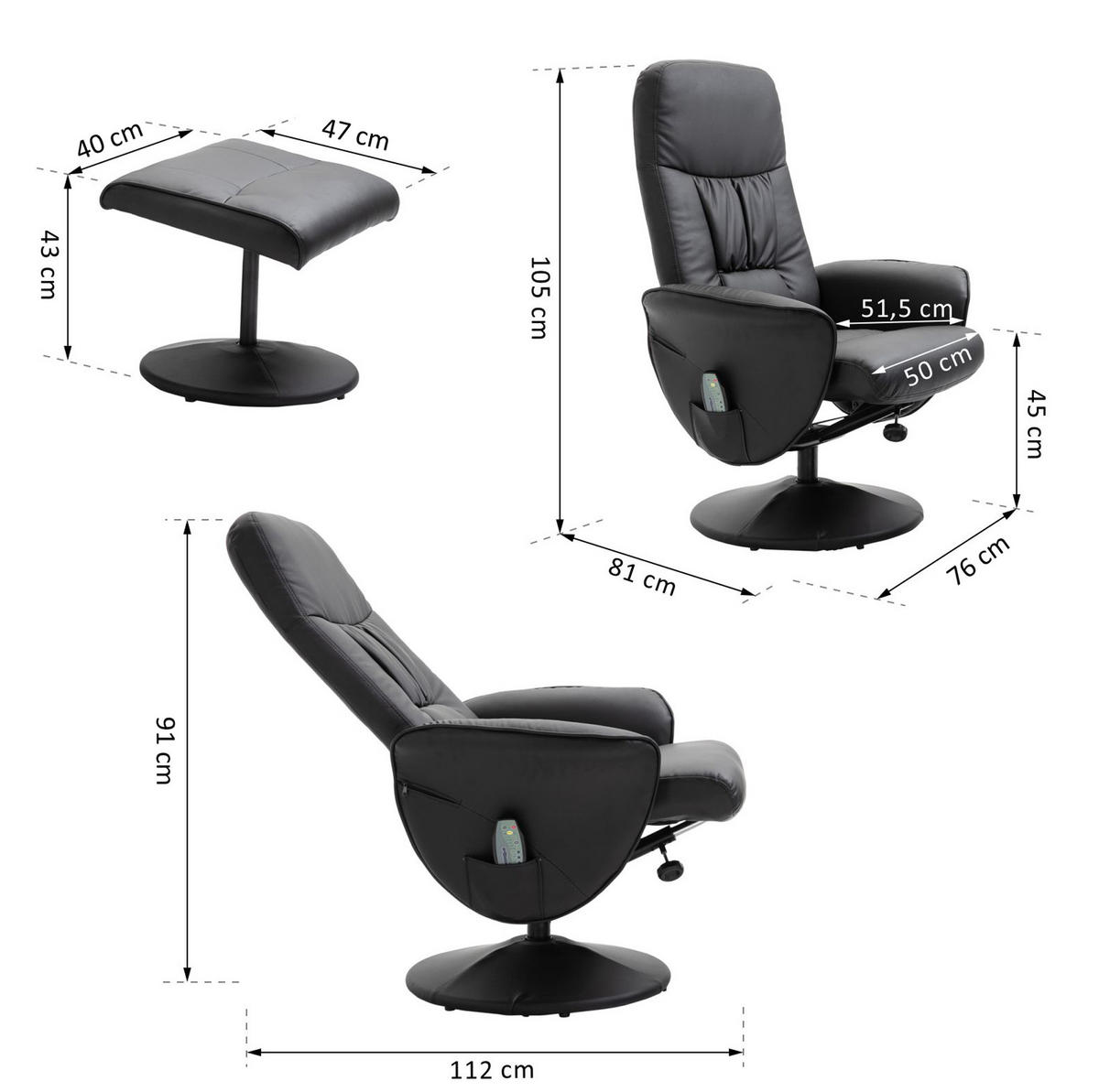 RELAXSESSEL Bonded Leather mit Massage 10 Punkte, Hocker 76/81/105 cm Schwarz - Schwarz, Kunststoff (81/105/76cm) - Redom
