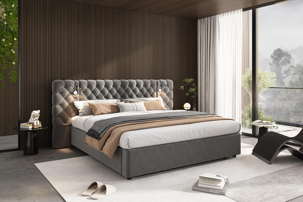 POLSTERBETT 180/200 cm in Grau Samt mit Bettkasten und LED - Grau, Holzwerkstoff/Textil (180/200cm) - CHICFURN