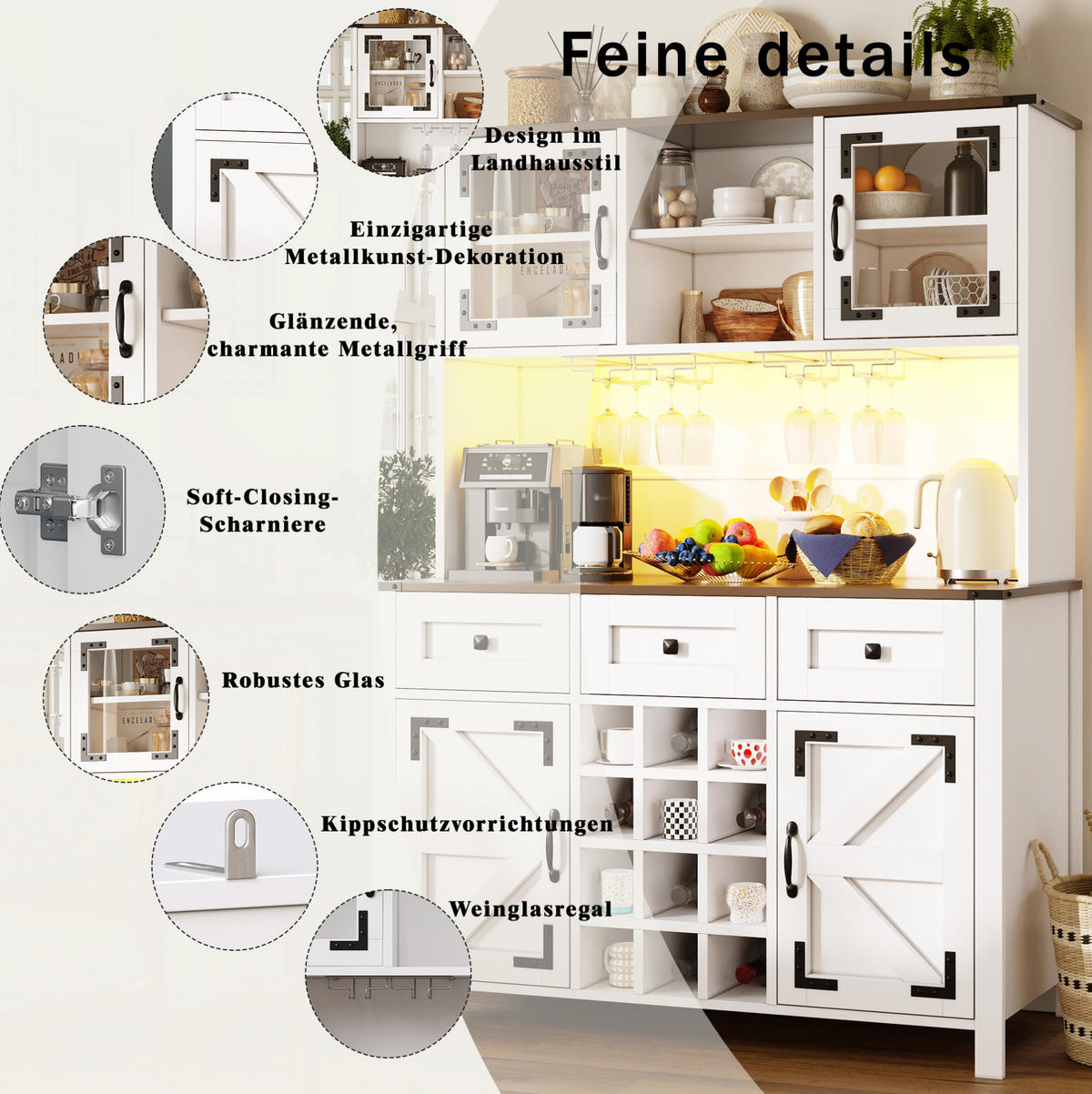 ANRICHTE Küchenschrank 120/40/170 cm aus MDF mit Glas und LED-Beleuchtung Weiß - Weiß, Holzwerkstoff (120/170/40cm) - Modenvie