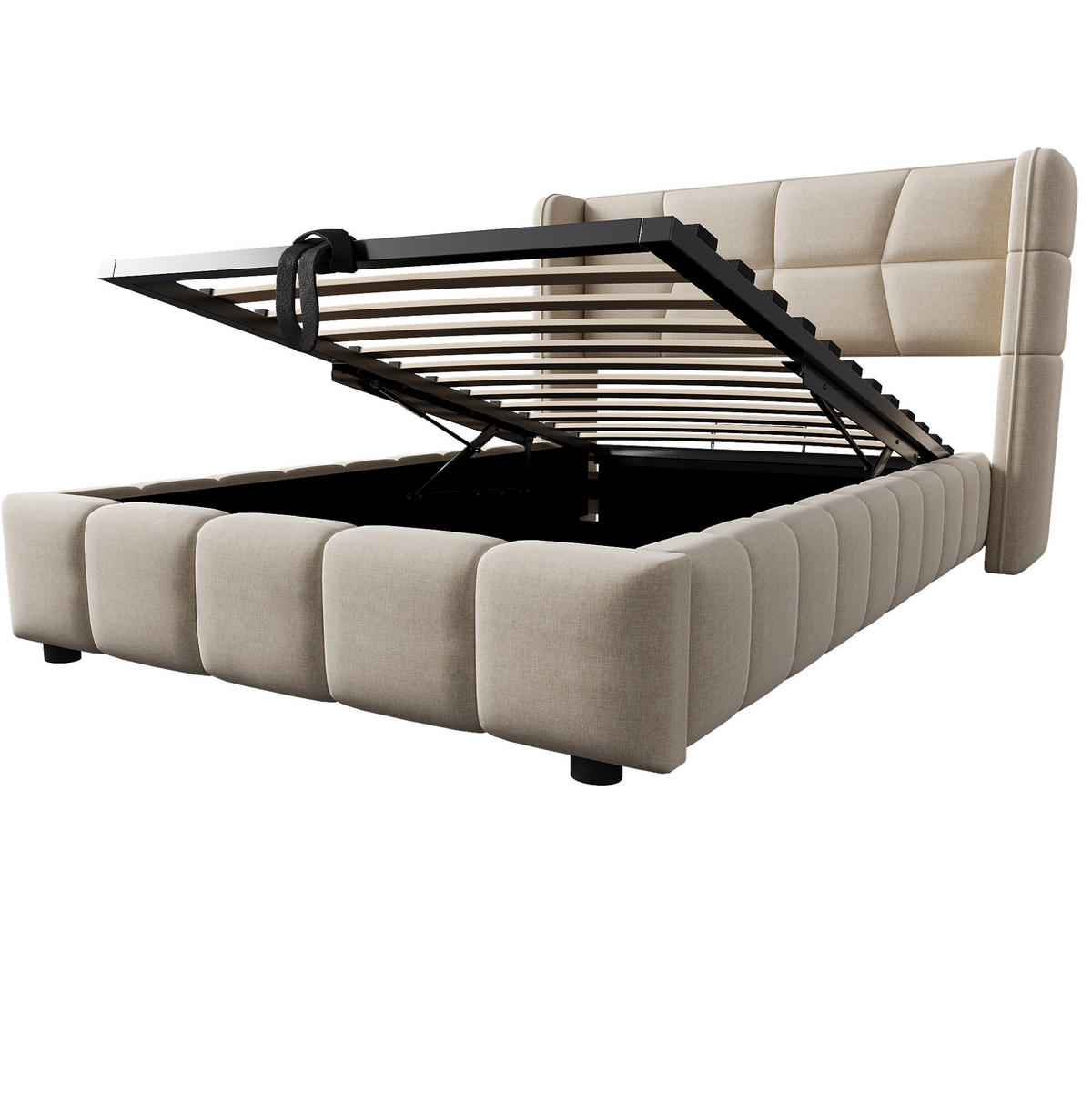 KINDERBETT 90/200 cm mit Stauraum, Hebemechanismus und gepolstertem Kopfteil aus Leinenstoff, Beige - Beige, Textil (90/200cm) - Redom
