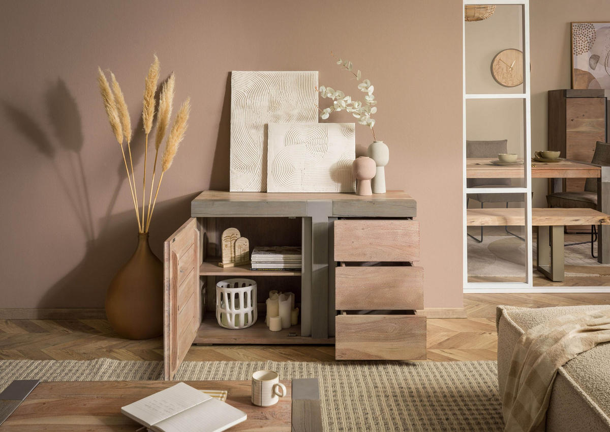 SIDEBOARD Akazie 115x45x75 beige lackiert Amsterdam #109 - Beige, Holz (115/75/45cm) - Massivmoebel24