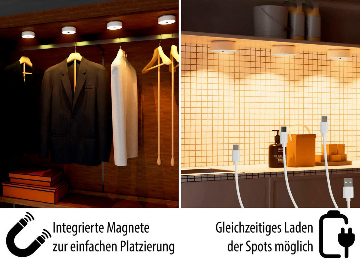 LED-AKKU Schranklichter Spots Unterbauleuchte Ø 9,5 x 3,6 cm 4er-Set Funkverbindung mit Gestensteuerung - Weiß, Kunststoff (3.6/9.5/9.5cm) - Northpoint