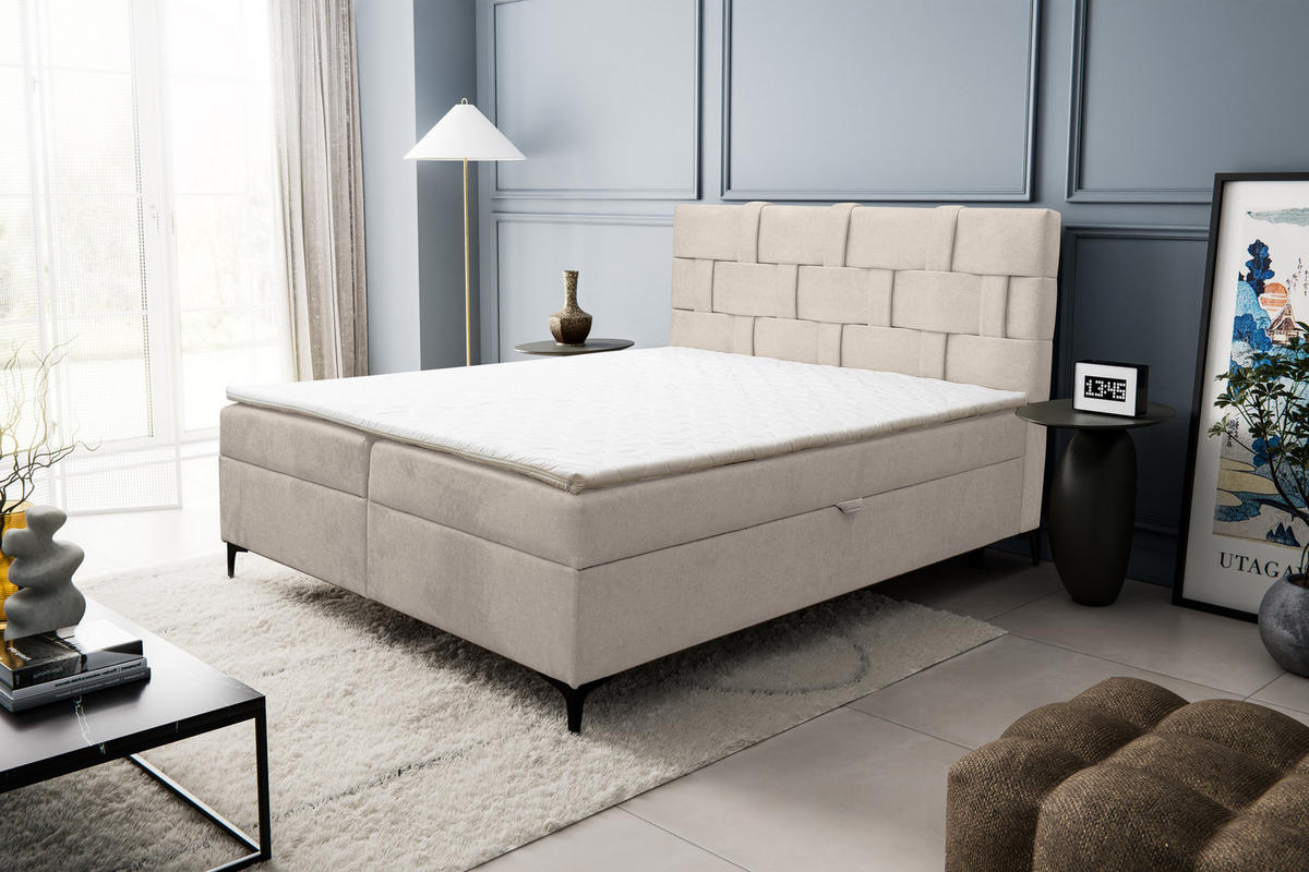 BOXBETT Charlotte mit 2 Bettkästen, Maße: 140x200 cm, Farbe: Beige, Velourstoff, mit Bonell-Matratze inkl. Topper - Beige, Holz/Kunststoff (140/200cm) - VENASI MÖBEL
