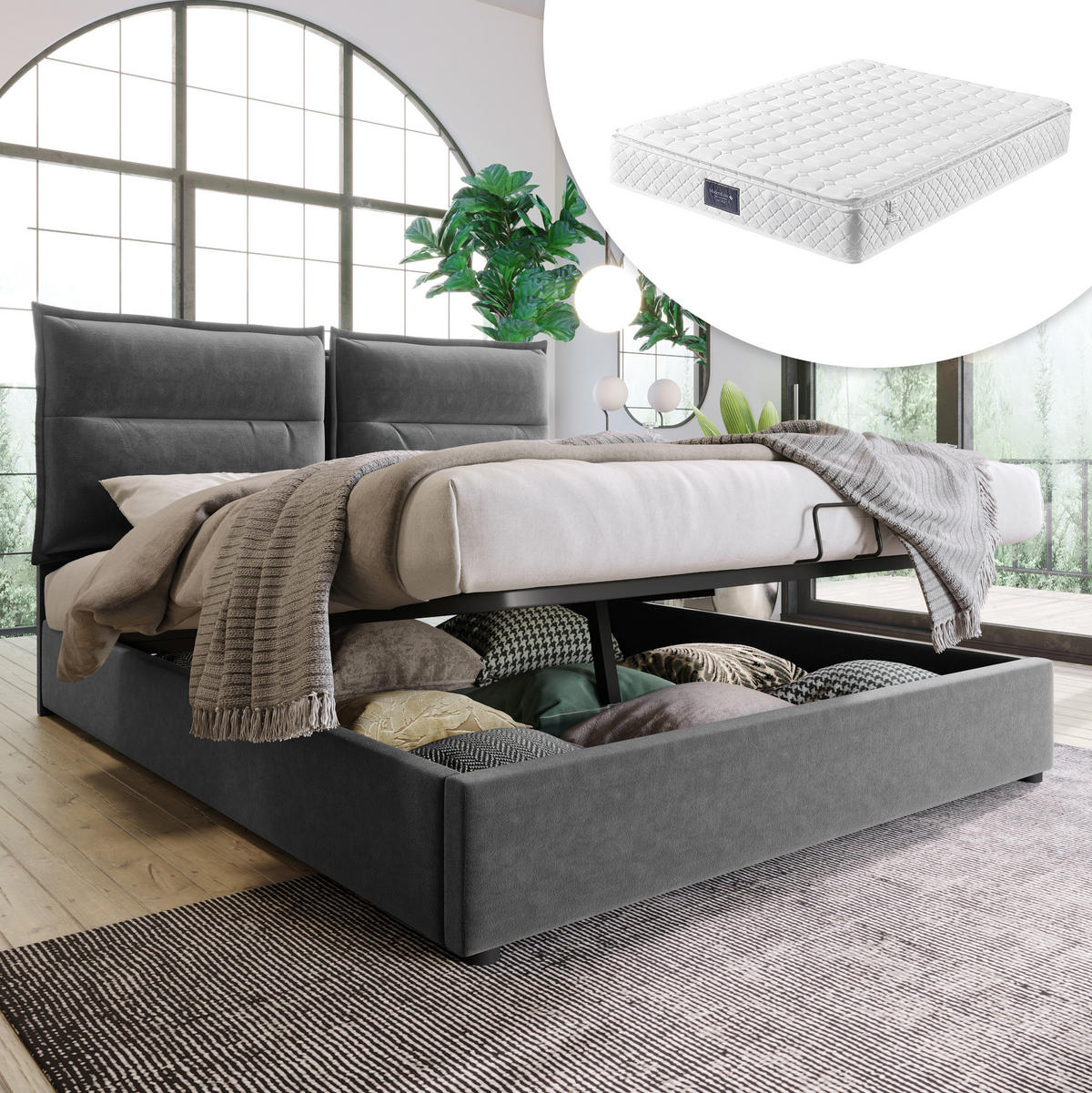 POLSTERBETT mit Bettkasten 140x200 cm Samt Grau - Grau, Metall (140/200cm) - Meubliv