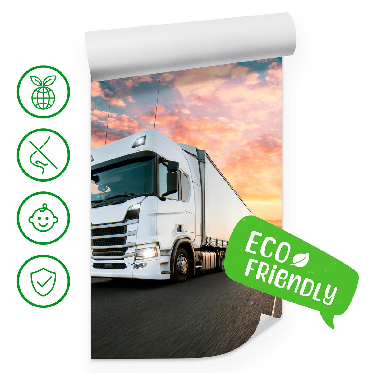 FOTOTAPETE Ein Lastwagen Autobahn Sonnenuntergang Berge 200x140 - Rosa/Orange, Papier (200/140cm) - Muralo