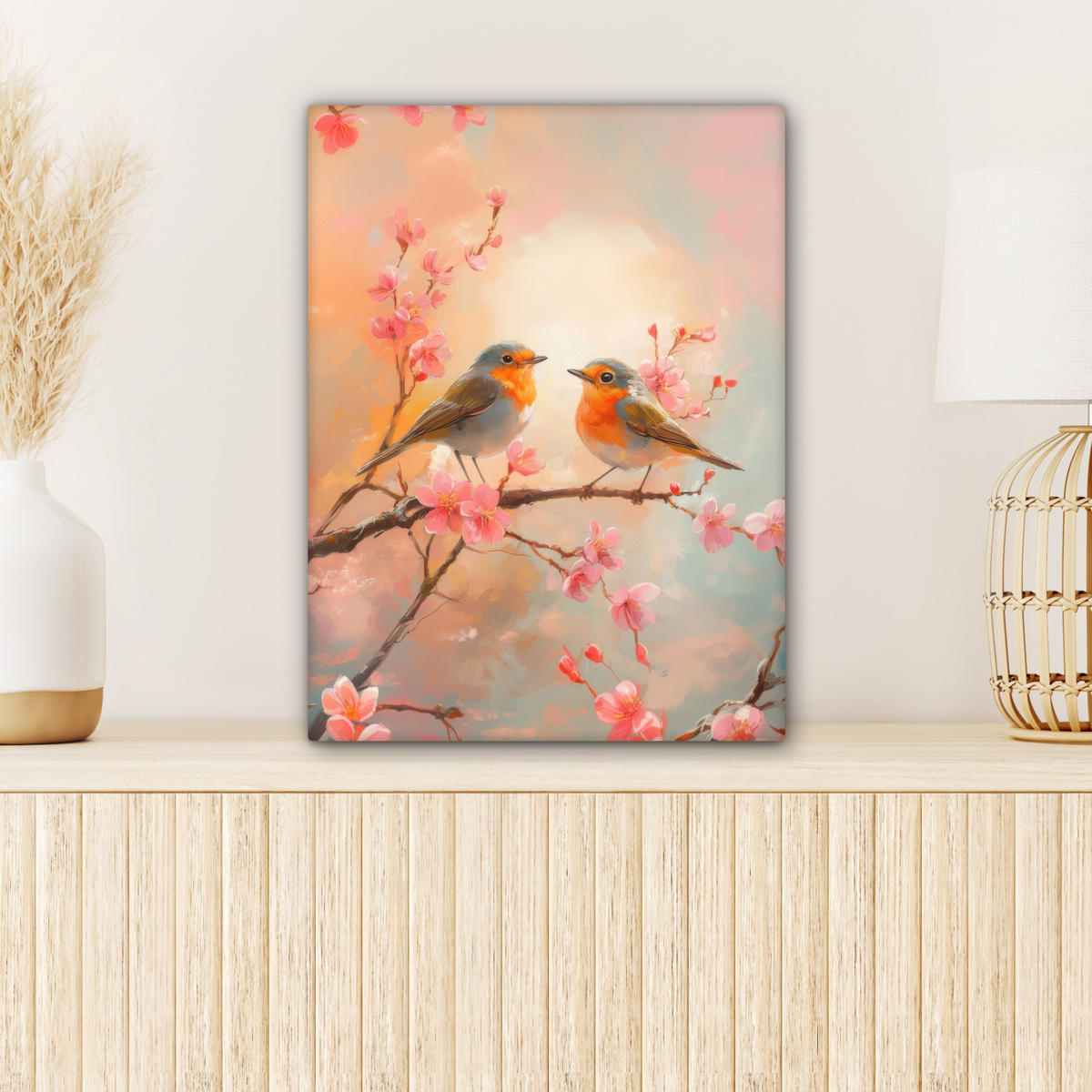LEINWANDBILD Rotkehlchen - Zierpflanze - Blütenzweig Room Decor 30x40 cm - Hellrosa, Textil (30/40cm) - MuchoWow
