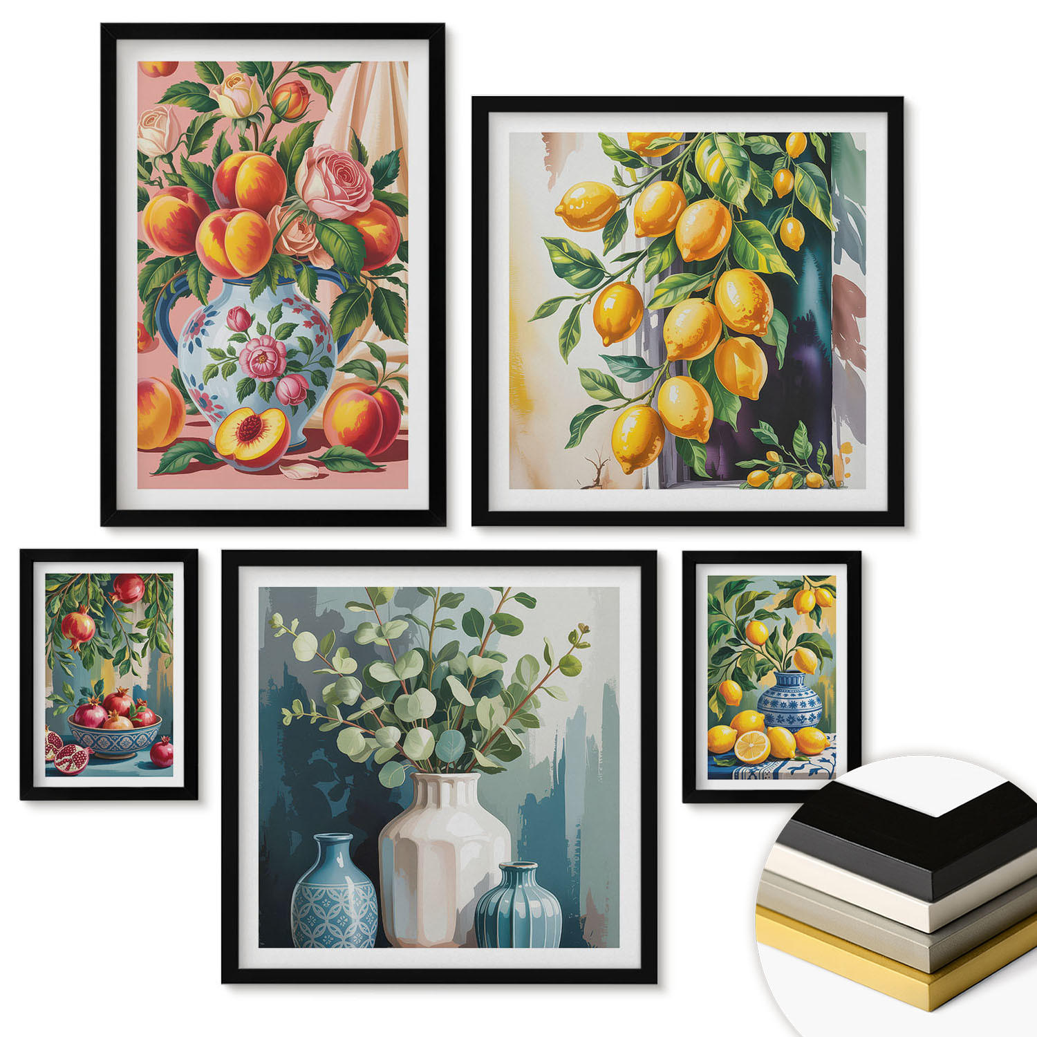 WANDBILDER 5er-Set - 50x50 cm & 20x30 cm & 40x60 cm Schwarzer Rahmen - Amalfi-Zitronen und -Orangen - Schwarz, Kunststoff (40/60cm) - ArtPrintCave