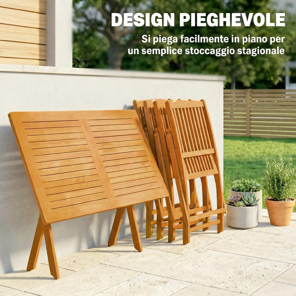 GARTEN-ESSSET 5-teilig,Tisch+4 Klappstühle - Beige, Holz - Vallsero
