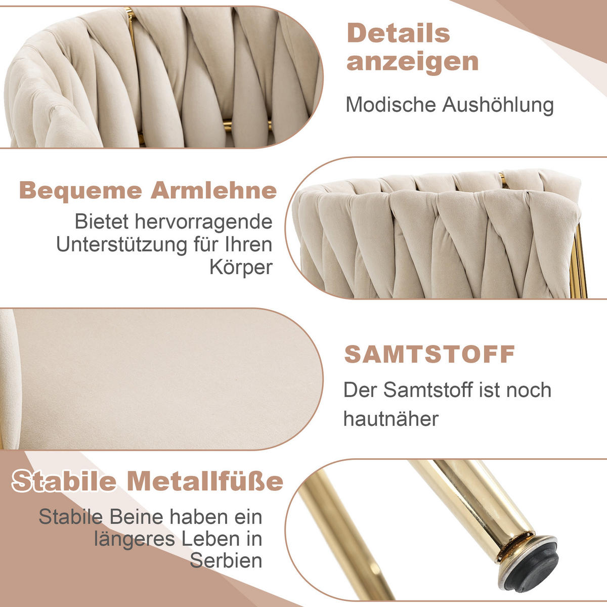 ESSZIMMERSTUHL 2er-Set aus Samt mit Goldbeinen - Creme, Textil (55.5/74/41cm)