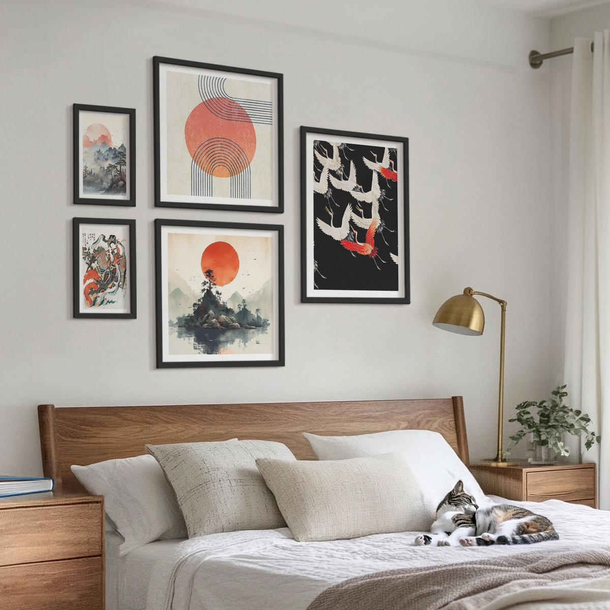 WANDBILDER 5er-Set - 50x50 cm & 20x30 cm & 40x60 cm Schwarzer Rahmen - Asiatische Landschaften Japandi - Schwarz, Kunststoff (40/60cm) - ArtPrintCave