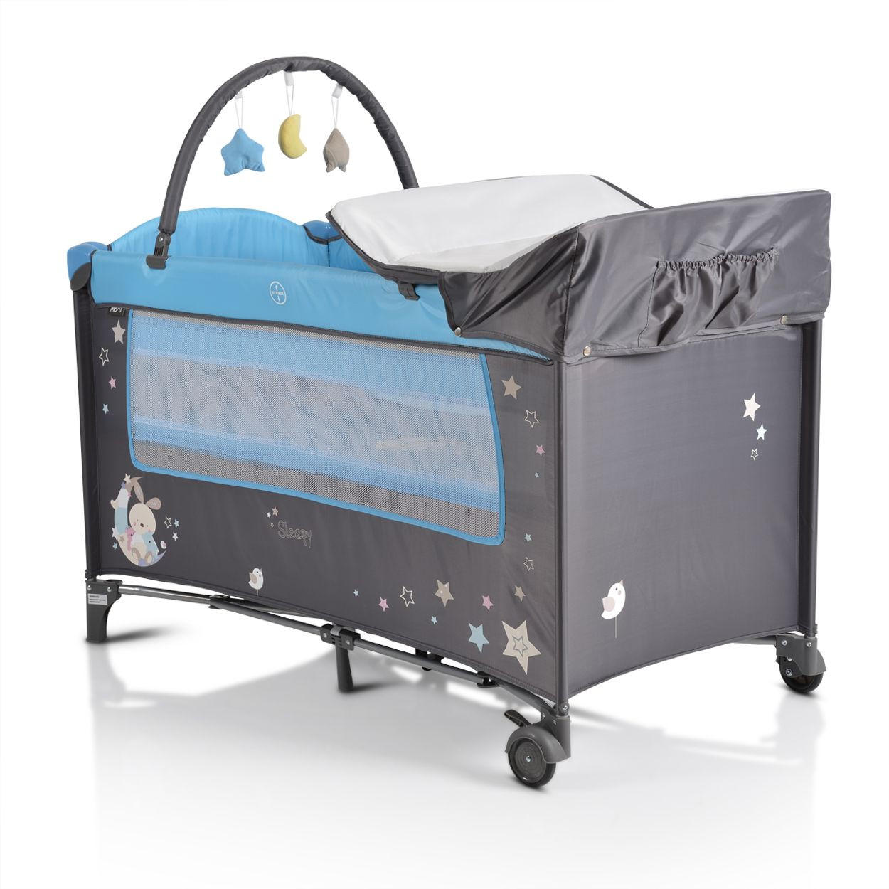 REISEBETT Sleepy Rollen grau-blau Wickelauflage, Matratze, Spielbogen, Seiteneingang - Grau, Kunststoff (60/120cm) - Moni