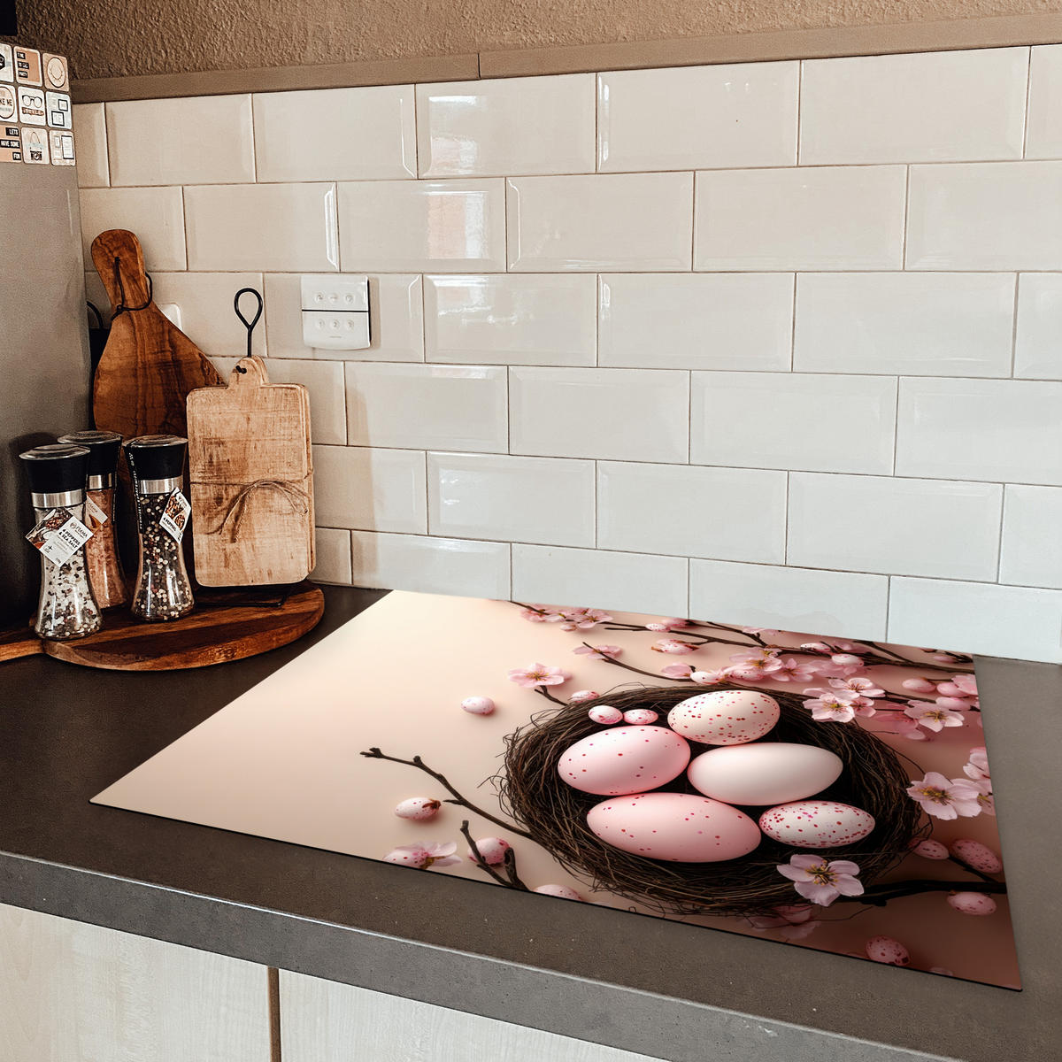 HERDABDECKPLATTE Rosa - Blüten - Eier Herdabdeckung Induktionsfeld 70x52 cm - Hellrosa, Kunststoff (70/52/0.2cm) - MuchoWow