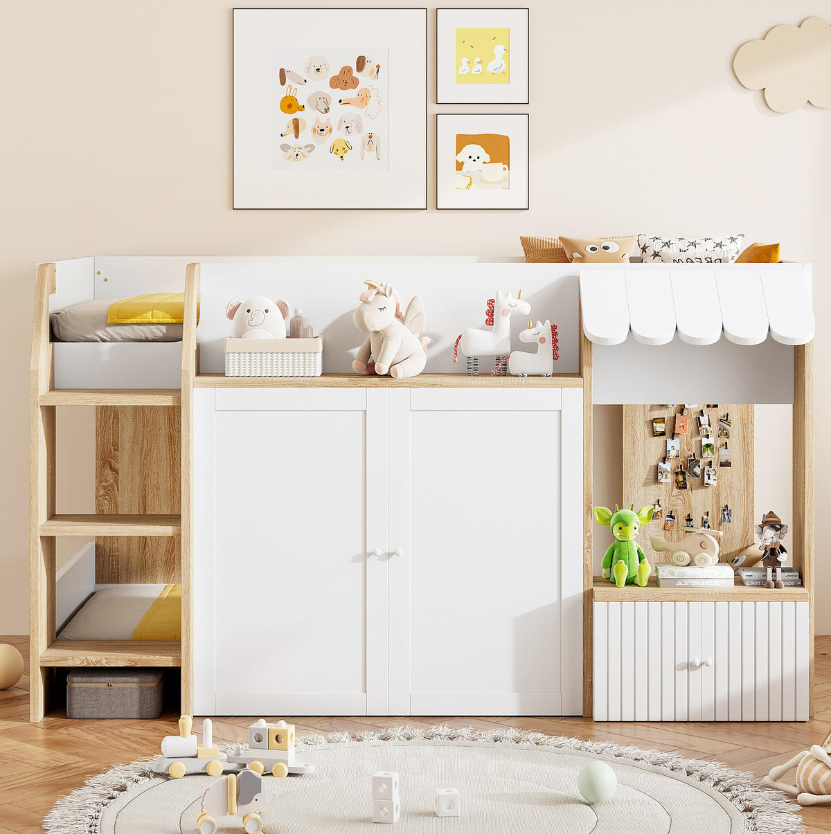 HAUSBETT 90/200 cm aus Holz – halbhohes Hochbett mit Leiter und Stauraum - Weiß, Holzwerkstoff (90/200cm) - BEAOK