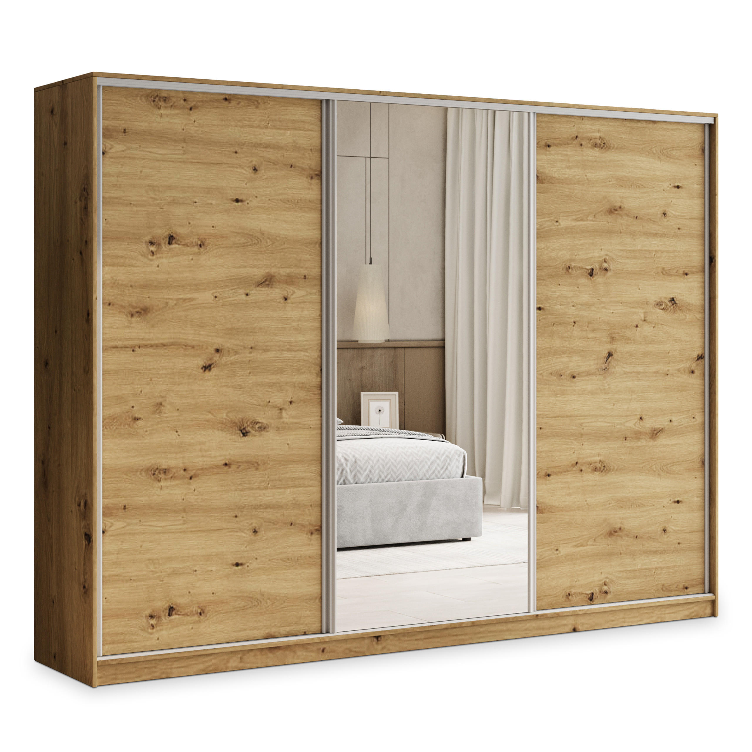 Masseno Schwebetürenschrank Eiche Artisan, Silber 250x205x58 cm
