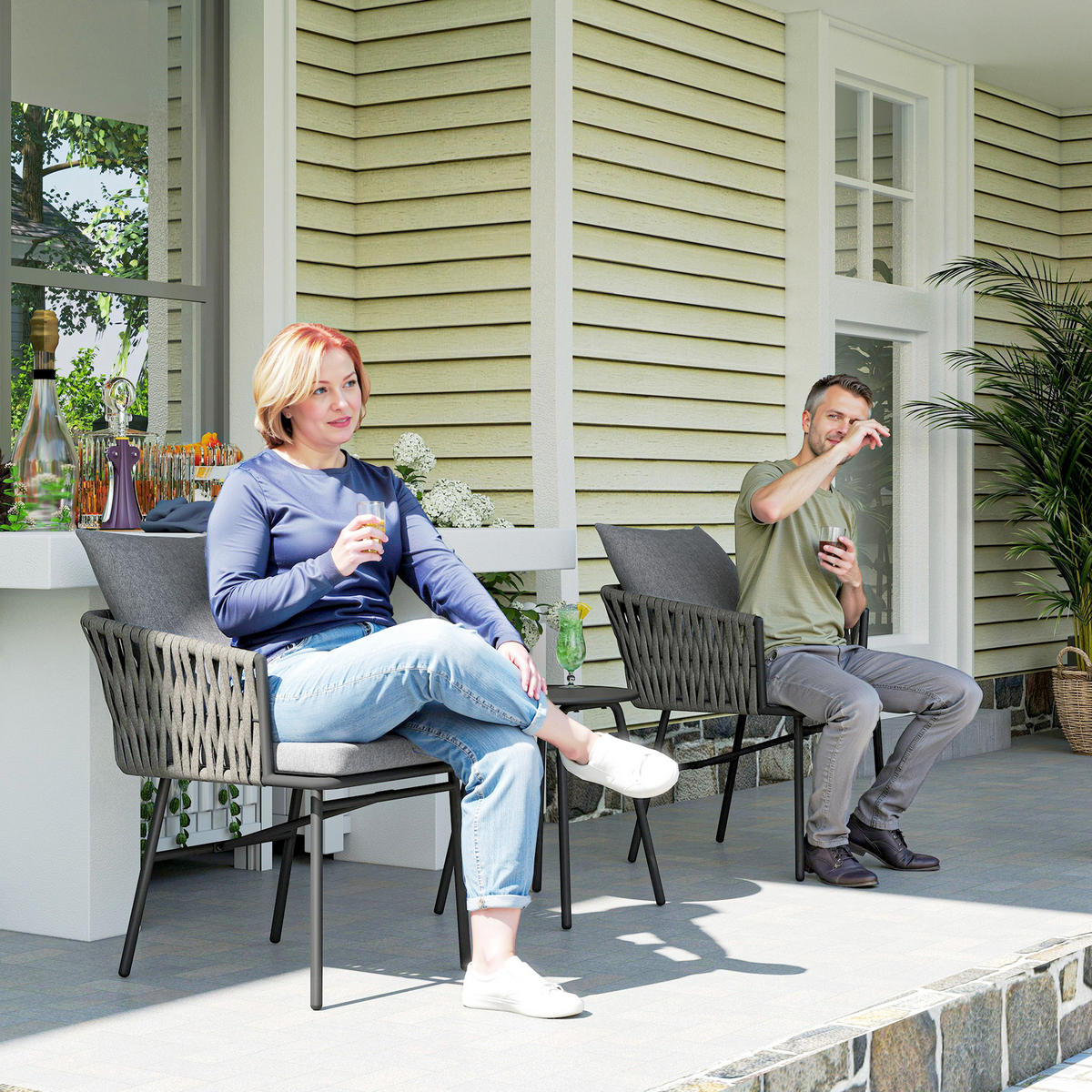 RATTAN-BISTROSET 3er Set Stahl PE-Rattan Grau - Grau, Textil/Metall - Outsunny