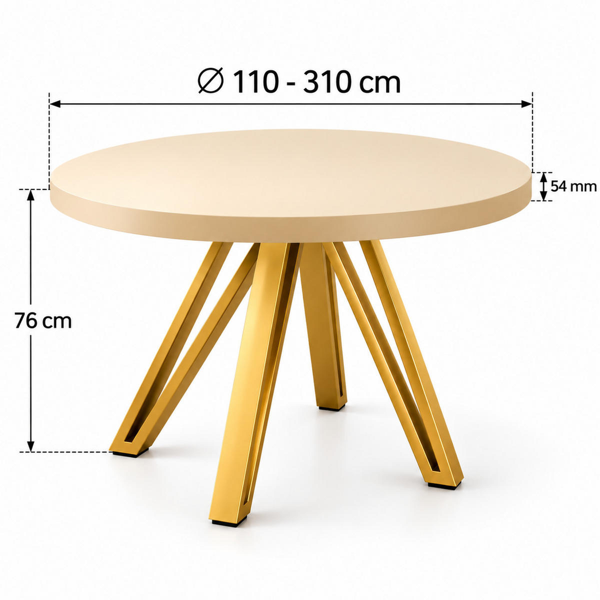ESSTISCH rund ausziehbar 110/310/76 cm, Kaschmir, 54 cm Tischplatte + Industrial Metallgestell Gold - Kaschmir/Goldfarben, Holzwerkstoff/Metall (110/310/76cm) - Damale Möbel