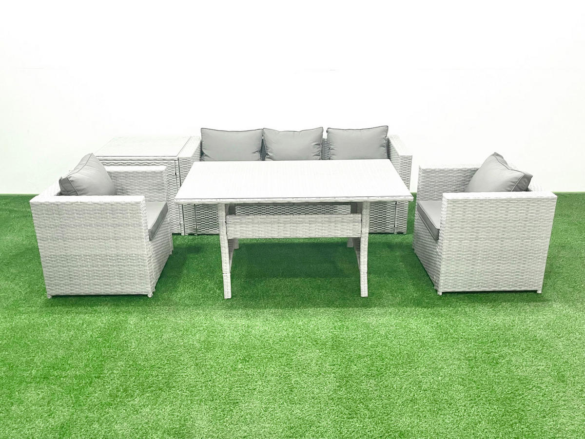 GARTENMÖBEL SET mit Sofa,Beistelltisch Polyrattan Hellgrau 5-Sitzer - Hellgrau/Grau, Glas/Kunststoff - Fimous