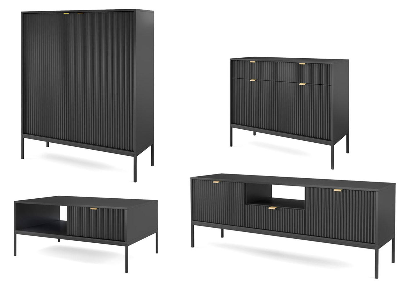 Feldmann-Wohnen Wohnzimmer-Set Schwarz 362x125x68 cm