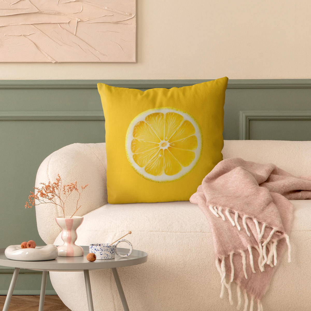 KISSENBEZUG Große glückliche Zitrone auf Gelb 40/40 cm - Gelb, Textil (40/40cm) - Bilderwelten