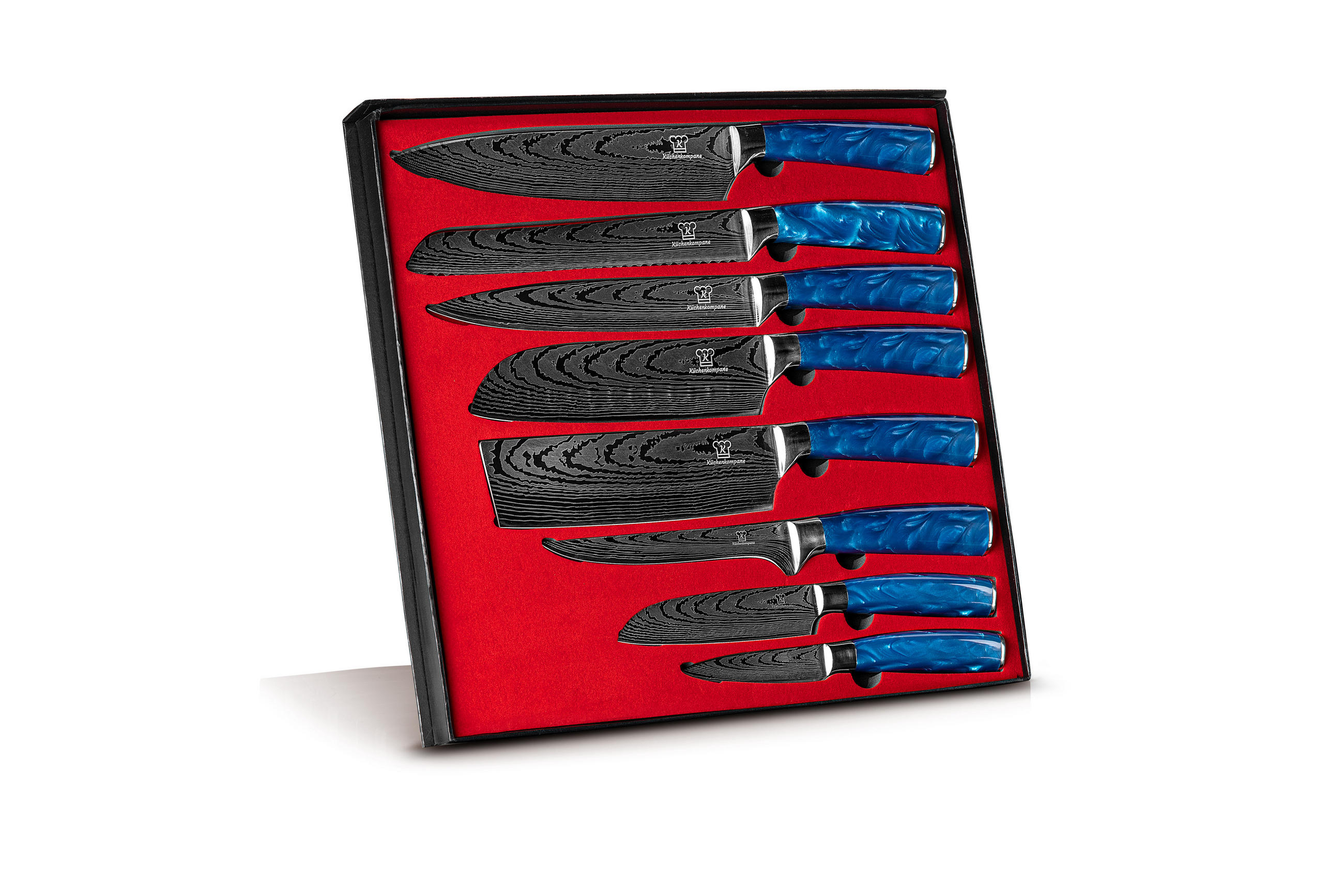 MESSER-SET 8-tlg. mit Edelstahlklingen und ergonomischen Epoxidharz-Griffen - Blau, Holz/Metall - Küchenkompane
