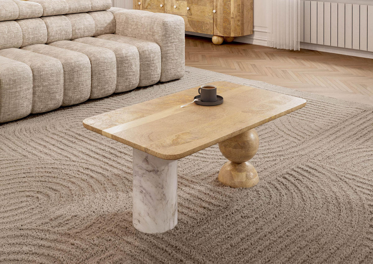 COUCHTISCH Mango 100x60x45 natur lackiert / Marmor weiß FLORENZ #105 - Braun, Holz (100/60/45cm) - Massivmoebel24