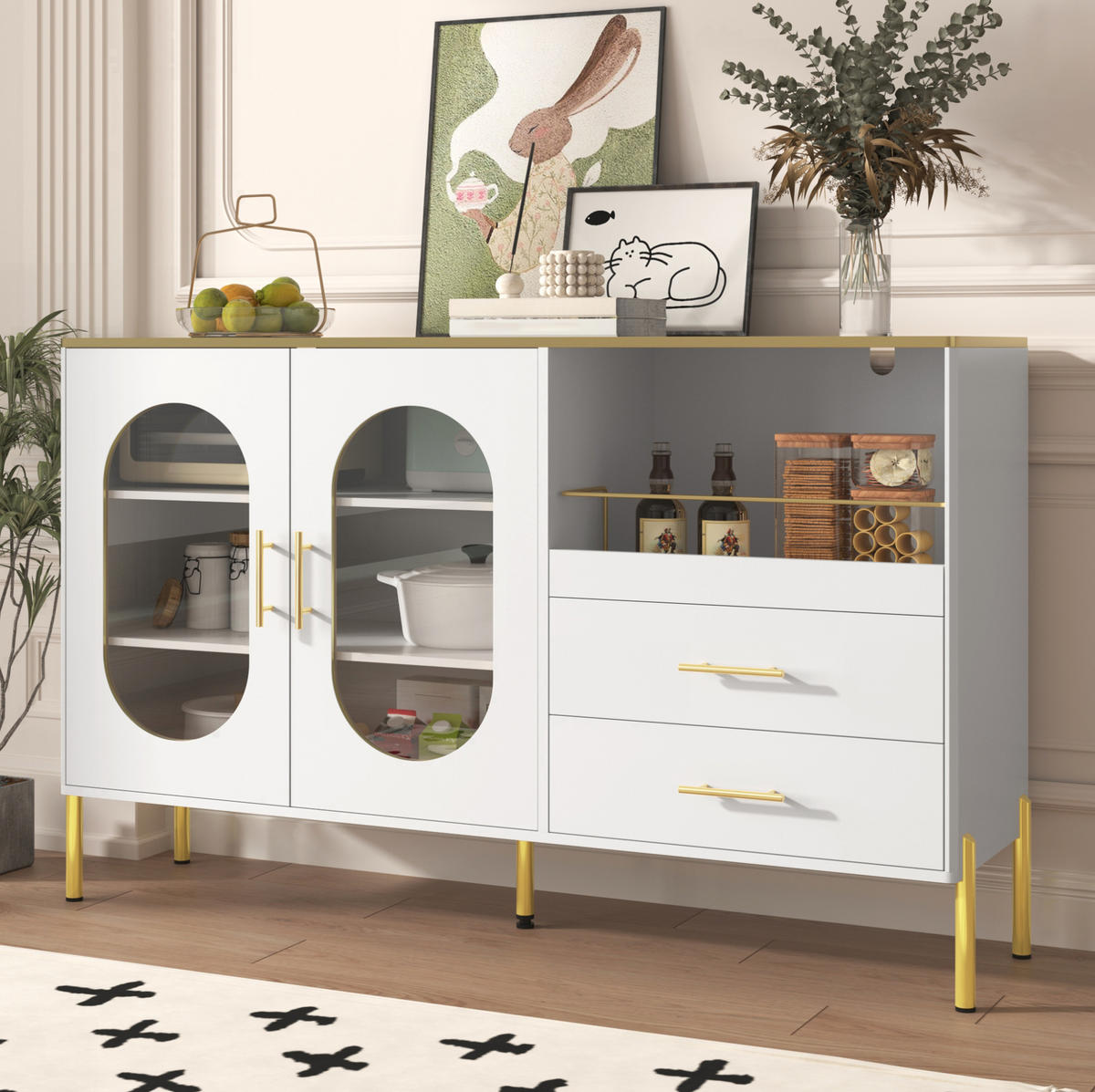 SIDEBOARD in Weiß mit goldenen Griffen und Beinen, 2 Schubladen und 2 Glastüren, 140/38/90 cm, Weiß - Weiß, Holzwerkstoff (120/90/38cm) - Redom