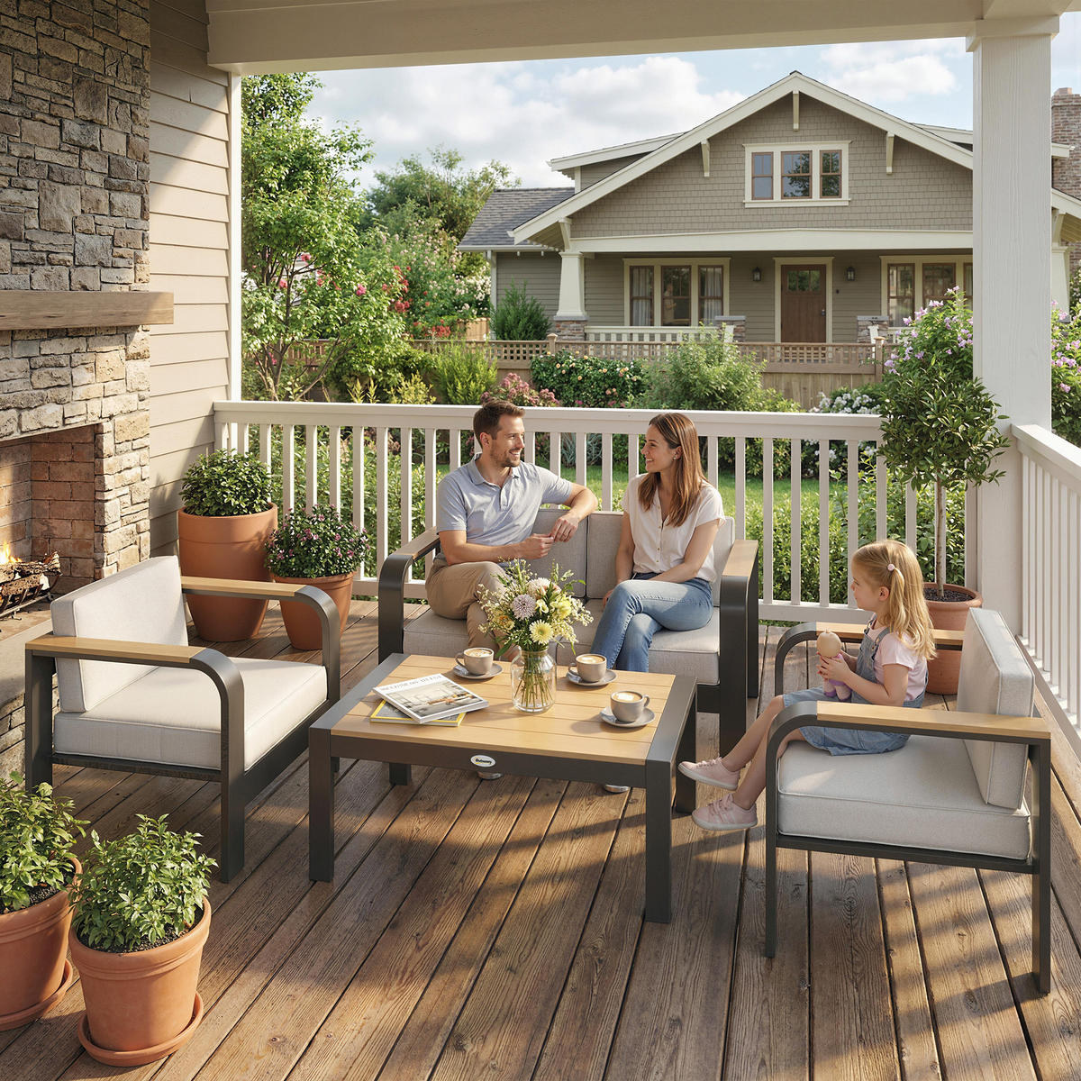 GARTENMÖBEL-SET 4er Set Aluminium WPC Beige - Beige/Anthrazit, Textil/Metall - Outsunny