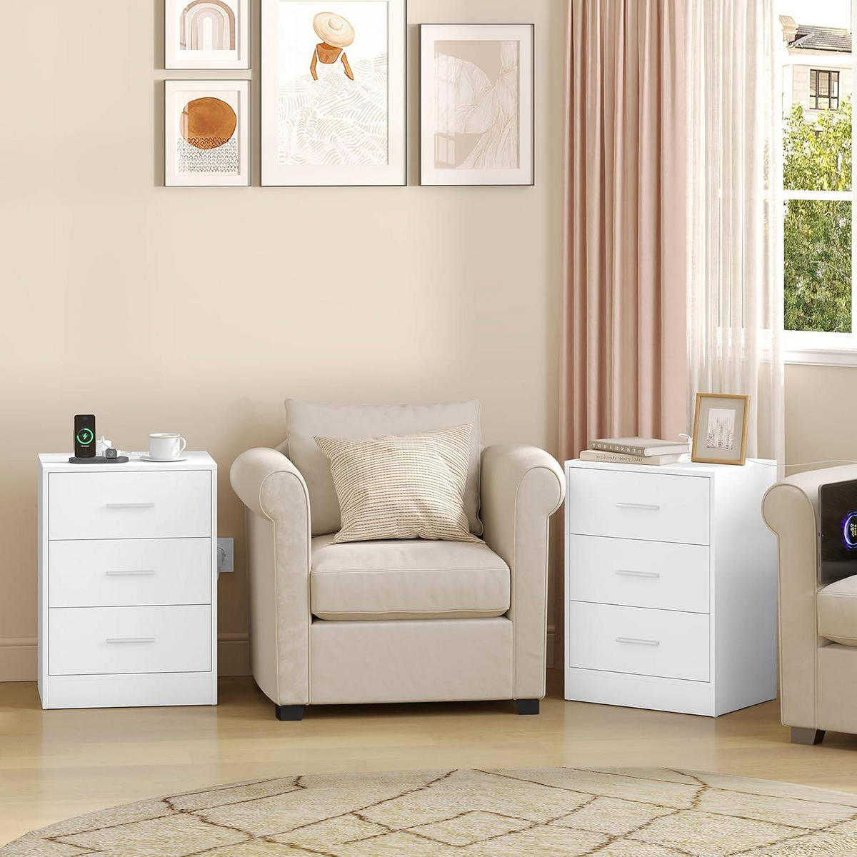 NACHTTISCH 2er Set, Beistelltisch mit Ladefunktion, Schwarz - Weiß, Holzwerkstoff (39/54/28cm) - Woltu